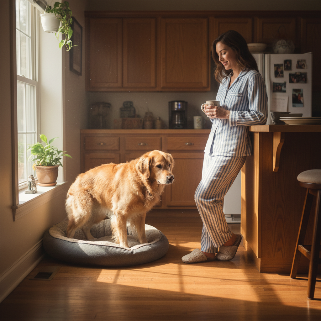 Golden Retriever slowly rising from bed in early morning kitchen