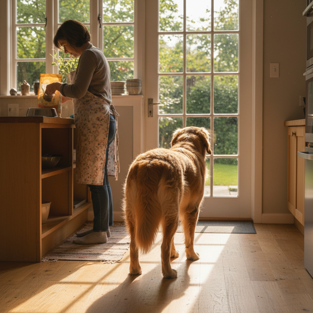 Golden Retriever standing at the back door, subtly shifting weight between back legs