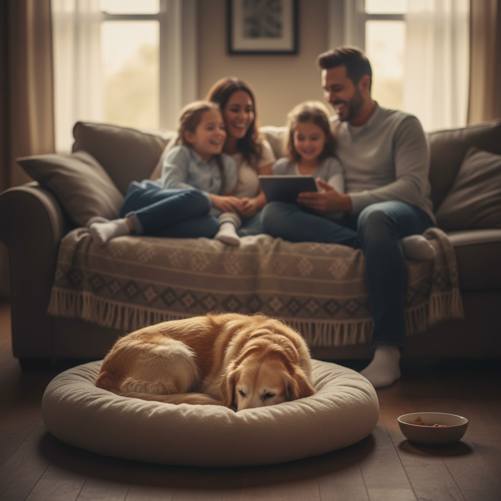 Senior dog lying alone in corner while family sits together in the background