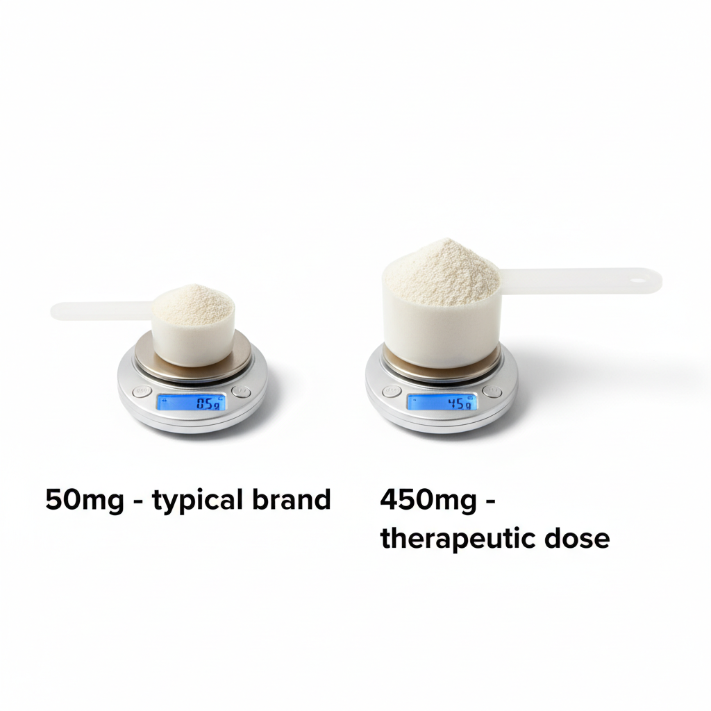 Visual comparison between a typical 50mg turmeric dose and the 450mg therapeutic dose in Cevosy