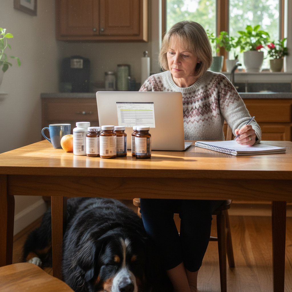 Dog owner researching and comparing joint supplement ingredients and bioavailability