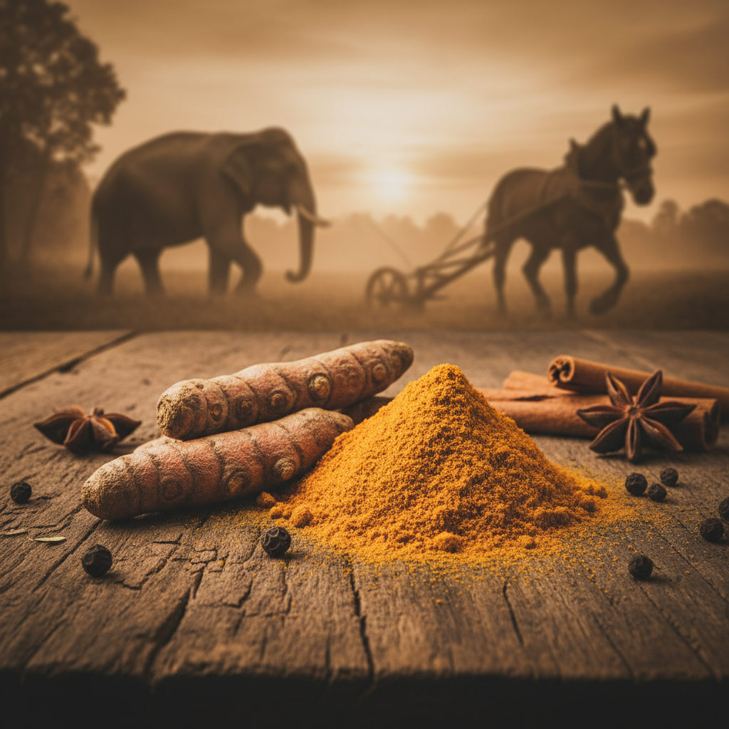 Turmeric roots representing 2,500 years of traditional use in animal medicine