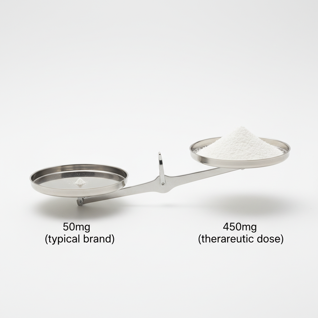 Scale comparison showing the 9x difference between typical supplement dosing and therapeutic dosing