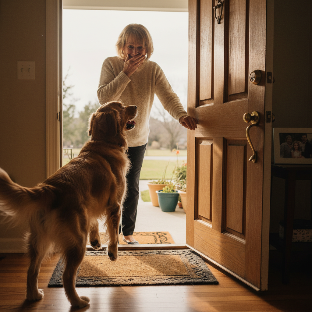 Dog happily greeting owner at the door again after regaining mobility