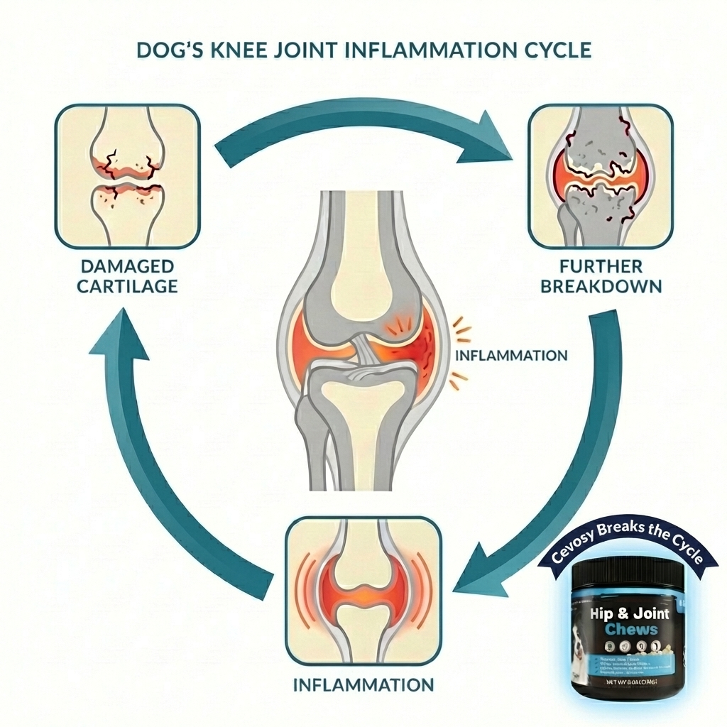 Dog knee joint inflammation cycle infographic
