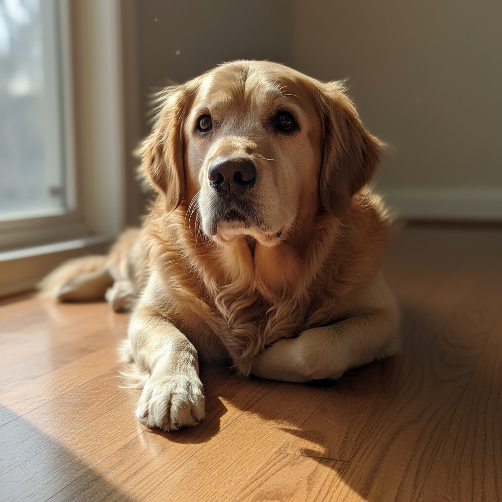 Senior Golden Retriever resting on hardwood floor in morning light