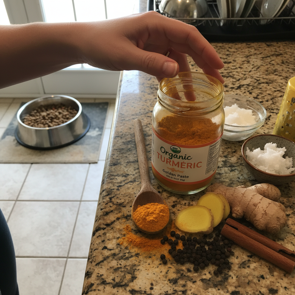 Kitchen counter with turmeric powder jar and golden paste ingredients