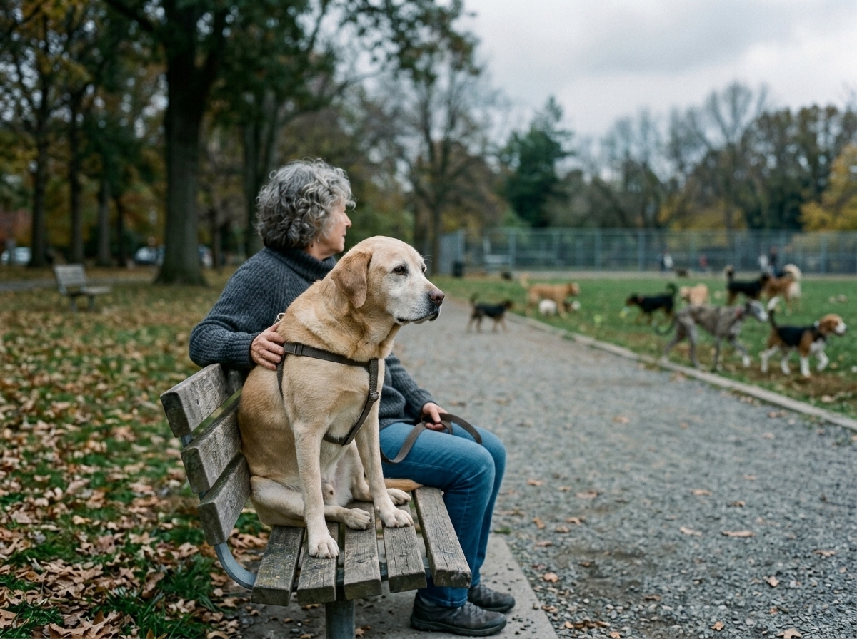 Older grey-muzzled dog lying by the front door, head on paws, waiting