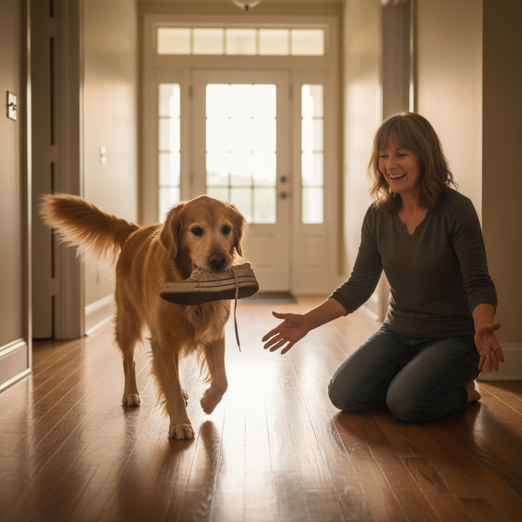 Happy senior Golden Retriever carrying a shoe to greet its owner in a sunlit hallway