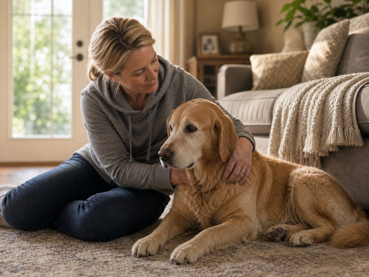 Owner sitting quietly with senior dog