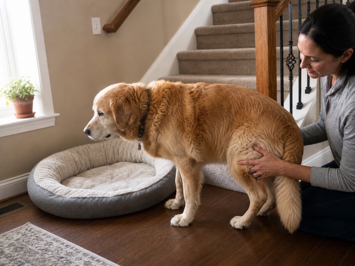 Owner gently supporting a senior dog beside the stairs