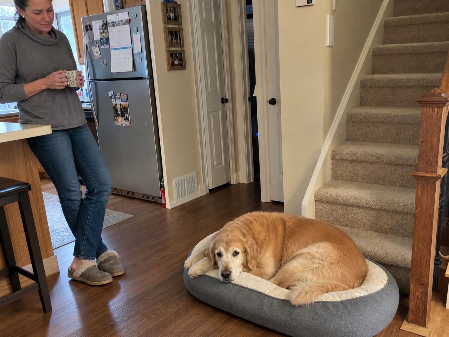 Senior dog resting near stairs with a calendar in the kitchen