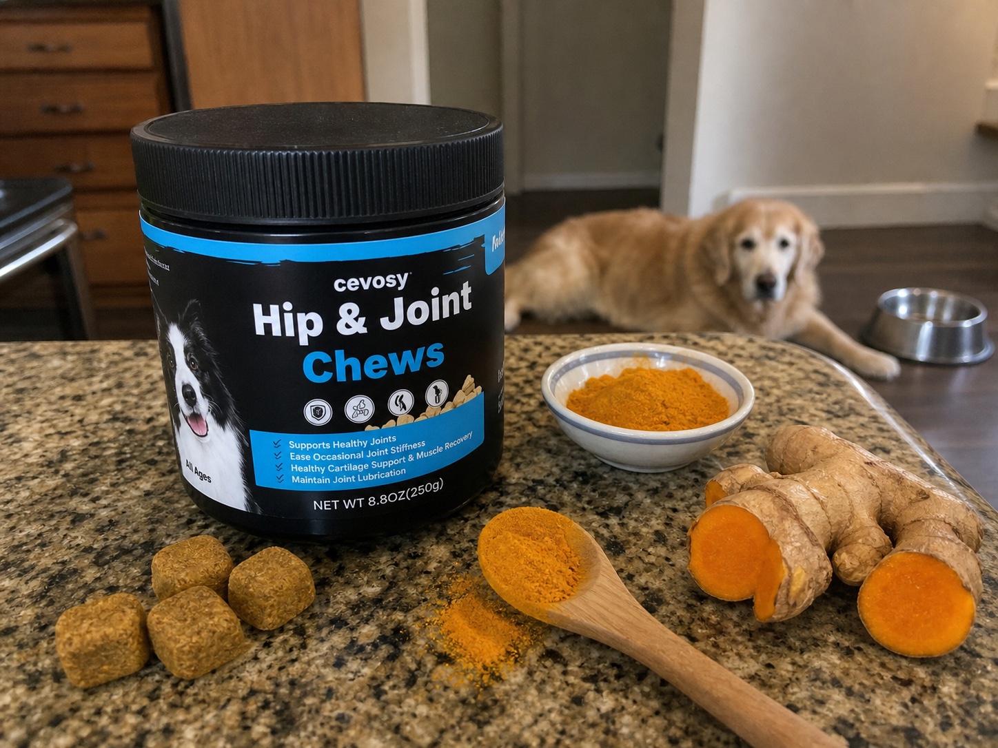 Cevosy jar beside turmeric root and chews on a kitchen counter