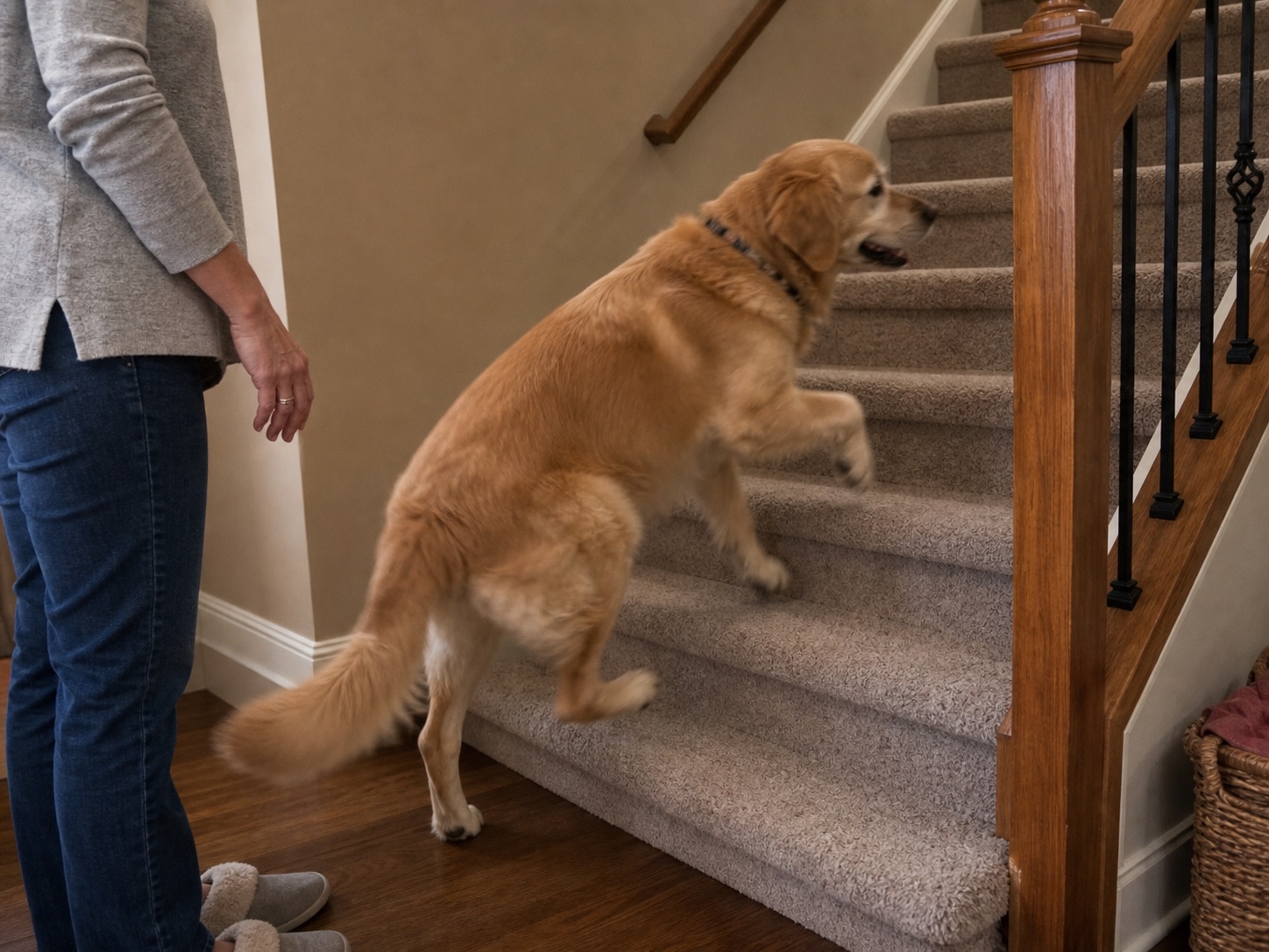 Dog climbing stairs while owner watches nearby