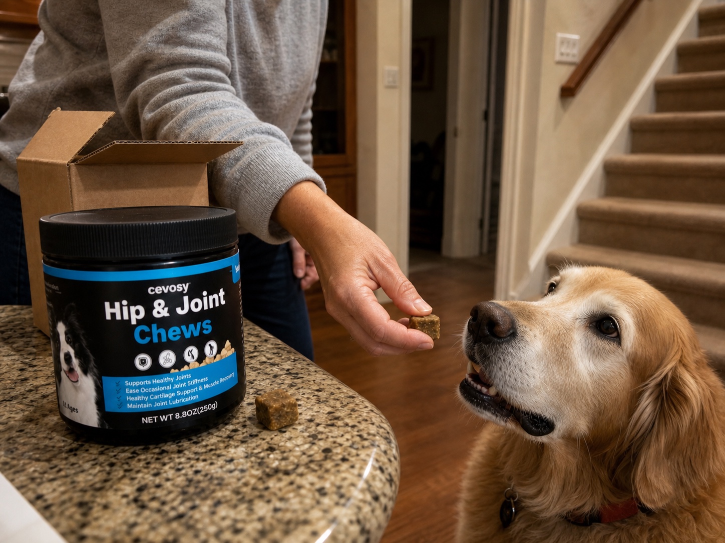 Cevosy jar on a kitchen counter while owner gives a chew to a senior dog
