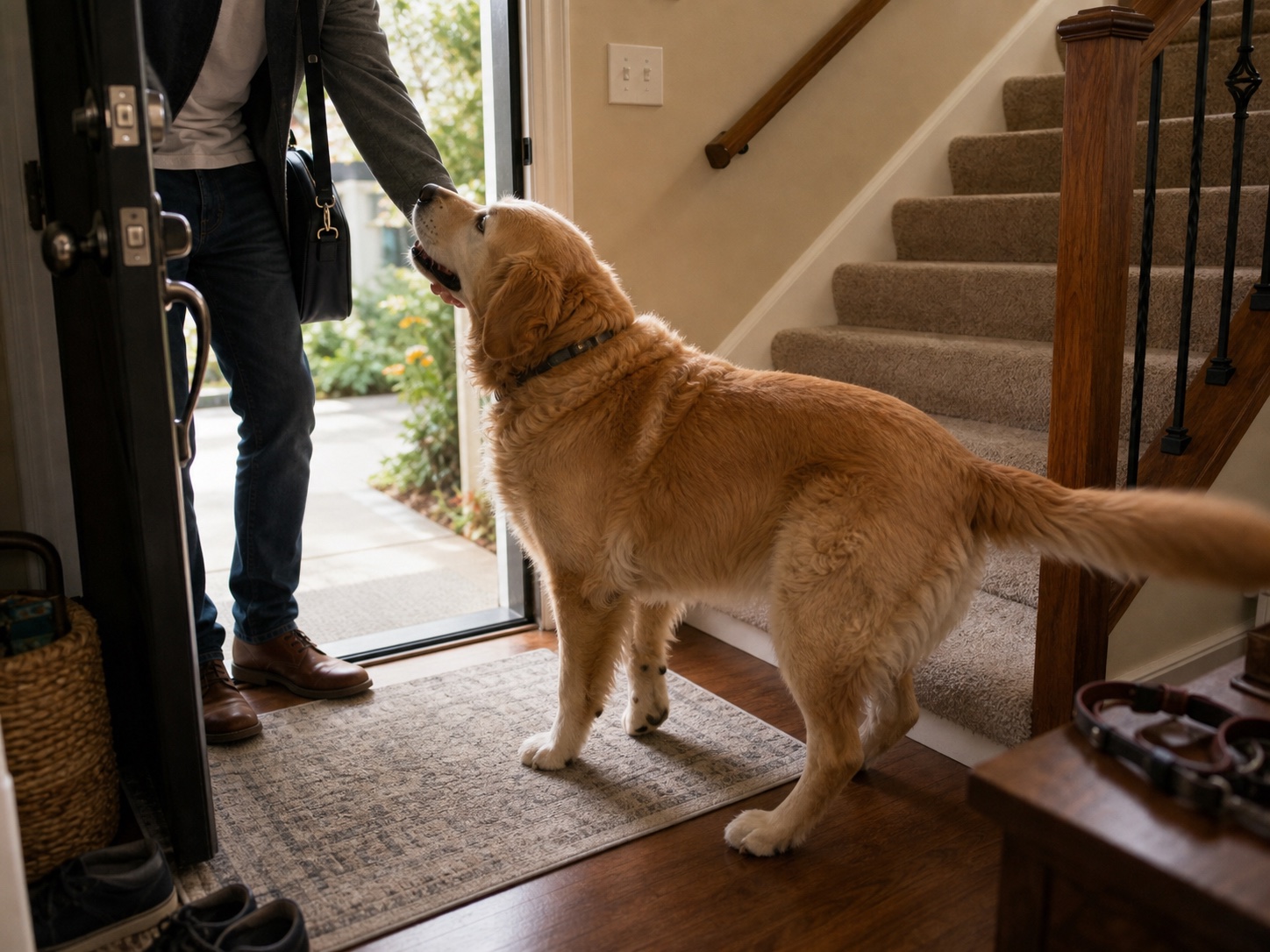 Senior dog greeting owner at the front door