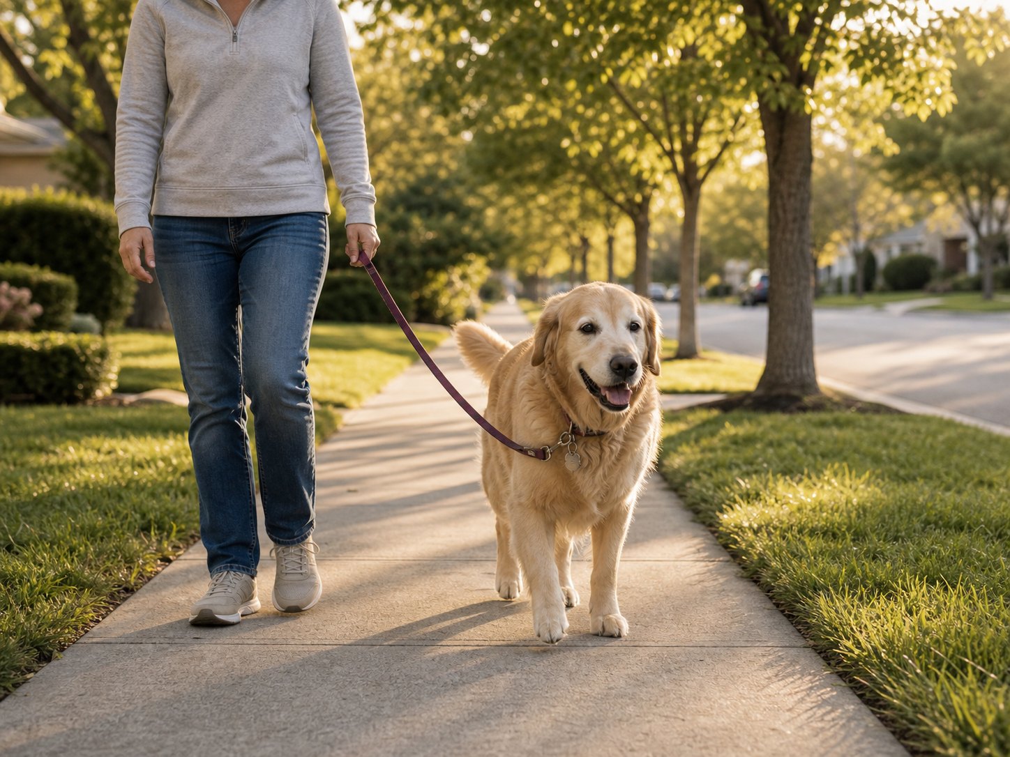 Dog walking briskly beside owner on a path