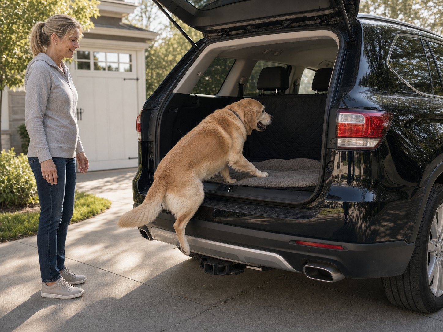 Dog jumping into the back of a car