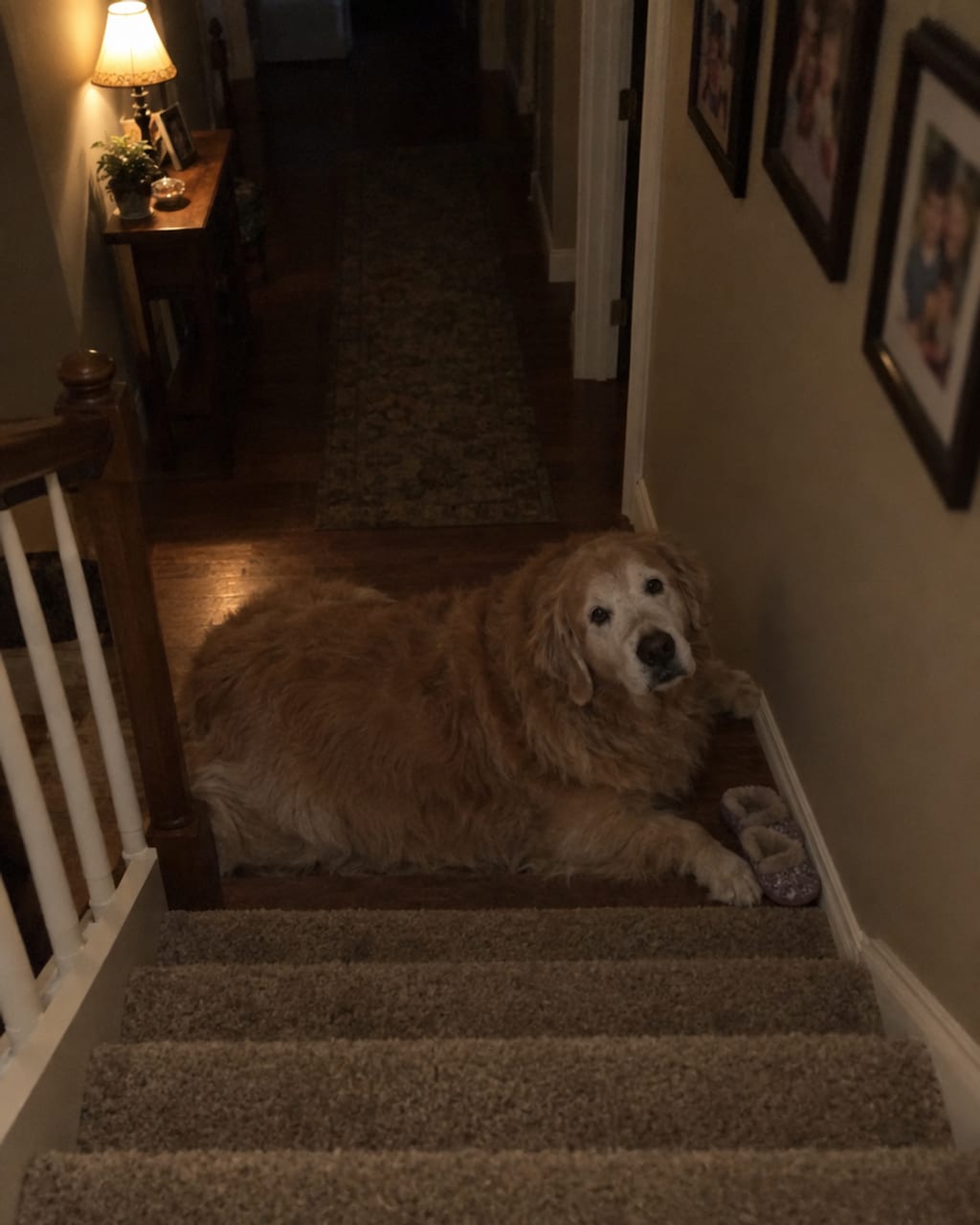 A big senior Golden Retriever lying across the bottom of the stairs at night, a pair of slippers beside him