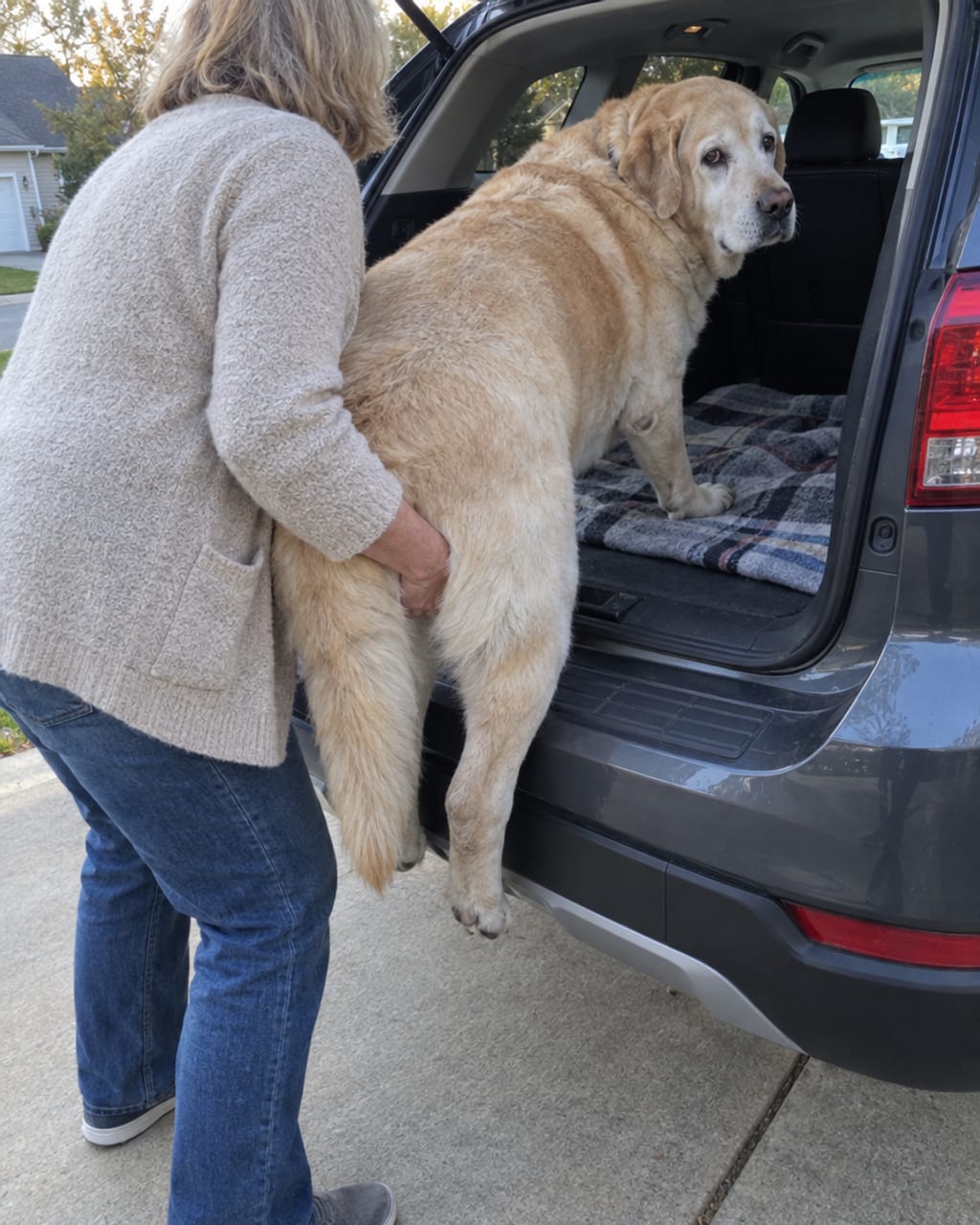 An older woman lifting the back end of a big senior yellow Labrador into the back of an SUV